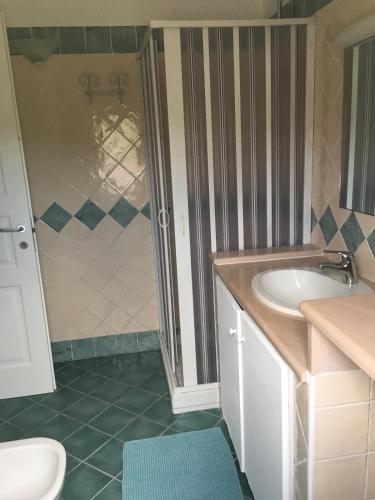 a bathroom with a sink and a toilet and a shower at La Casetta in Campagna in Enas