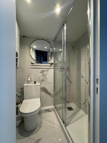 une salle de bain avec toilettes et douche en verre dans l'établissement Studio Tout Équipé Bourse, à Paris