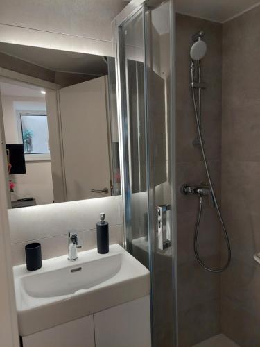 a bathroom with a shower and a sink and a mirror at Apartments R&B in Baška