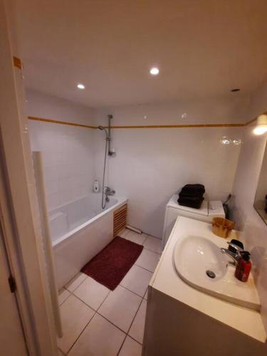 une salle de bain avec un lavabo, une baignoire et des toilettes dans l'établissement T2,PATIO avec jacuzzi,PISCINE 100m2 au pied du Luberon, à Cheval-Blanc