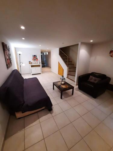 - un grand salon avec un lit et un canapé dans l'établissement T2,PATIO avec jacuzzi,PISCINE 100m2 au pied du Luberon, à Cheval-Blanc