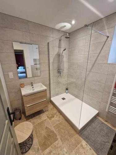 une salle de bain avec douche et lavabo dans l'établissement Logement privé avec terrasse, à Chanonat