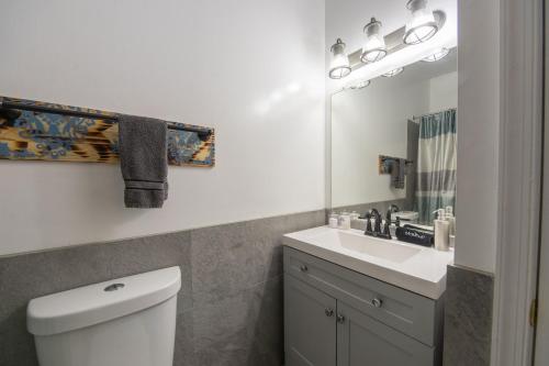 a bathroom with a white toilet and a sink at Luxury Villa- Hot Tub-King Bed Suite-Fenced Yard-Game Room-Fire Pit-Ski in East Stroudsburg