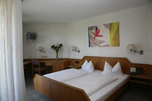 Schlafzimmer mit einem Bett, einem Schreibtisch und einem TV in der Unterkunft Hotel Mohren in Ochsenhausen