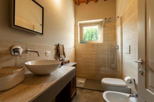 a bathroom with a bowl sink and a shower at Nonno Gino suite in Monte San Savino