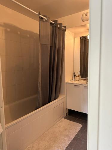 une salle de bain avec un rideau de douche et un lavabo dans l'établissement Appartement spacieux à 30mn de Paris au pied de la gare, à Saint-Ouen-lʼAumône