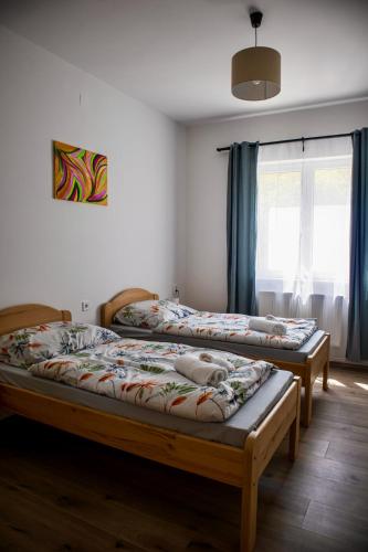 MátraterenyeにあるÍzisz Apartmanの窓のある部屋にツインベッドが2台