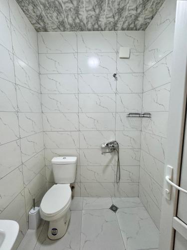 a white bathroom with a toilet and a sink at Evergreen Surami Hotel in Surami