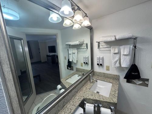 a bathroom with a sink and a large mirror at Red Roof PLUS Fort Myers in Fort Myers