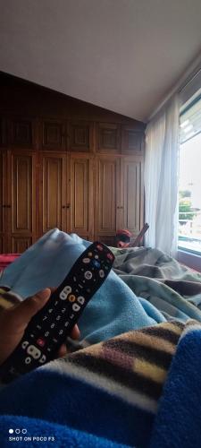 NentónにあるHotel Laguna bravaのベッドの上にリモコンを持つ者