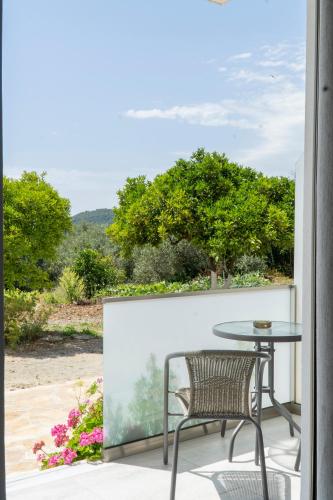 a patio with a table and chairs and trees at Koks’ Guesthouse in Himare
