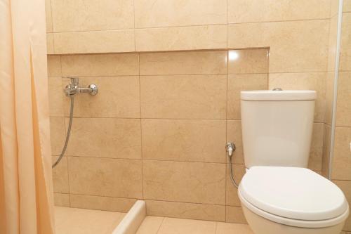 a bathroom with a toilet and a shower at Koks’ Guesthouse in Himare