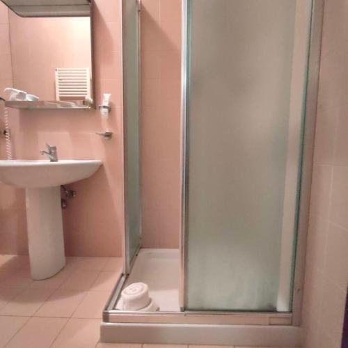 a shower with a glass door in a bathroom at Hotel Ristorante Oro in Cento