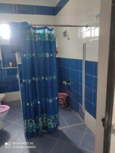 a blue shower curtain in a bathroom with a toilet at فيلا الهنا in Tangier