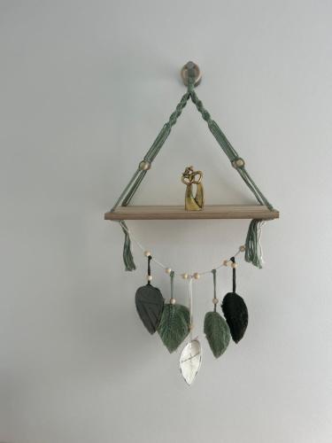 a shelf with seashells and other decorations on a wall at Hegin Szigeti Apartman in Pécs