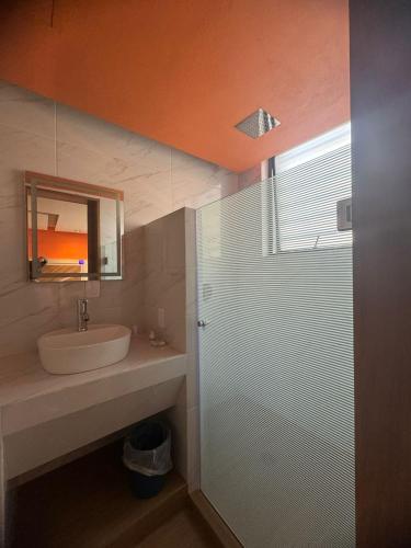 a bathroom with a glass shower and a sink at Hotel Moctezuma La Villa in Mexico City