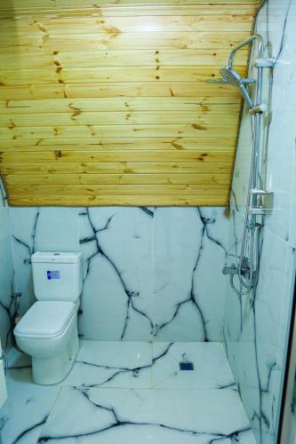 a bathroom with a toilet and marble walls at A-Frame Villa in Gabala with Garden & FREE Airport shuttle in Gabala