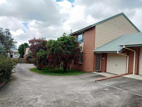 a house with a tree in front of a driveway at The Bottlebrush in Tumut