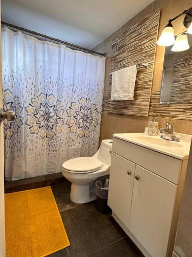 a bathroom with a toilet and a shower curtain at Super Loft ubicadísimo cerca Visas Hospital in Heroica Nogales