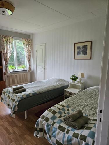 a bedroom with two beds and a window at Örnsro Boende och Ställplatser in Skara
