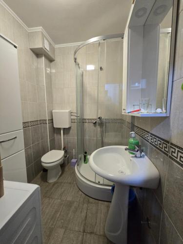 a bathroom with a sink and a toilet and a shower at Apartman Turkovic in Herceg-Novi