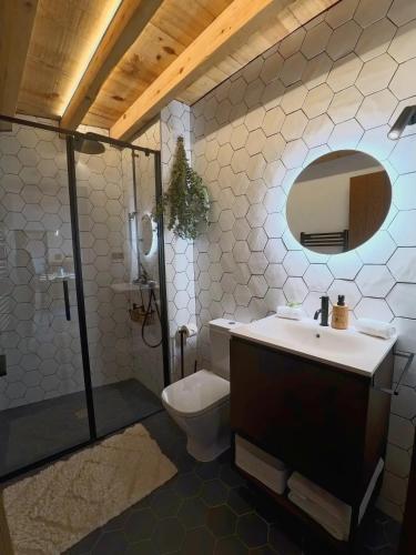 a bathroom with a toilet and a sink and a shower at Las Horneras de Cobeta. Apartamento Florencia in Cobeta