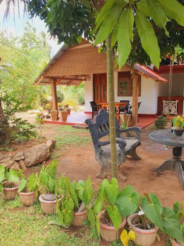 a house with a bench and a table and some plants at Jungle Eco Lodge & Safari in Sigiriya