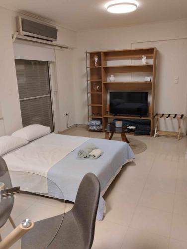 a living room with a bed and a television at Limpi's Cozy Place in Sparti