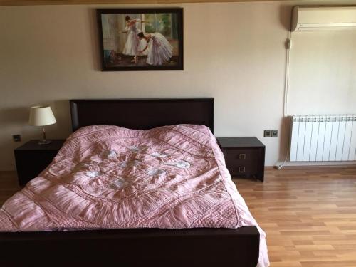 a bedroom with a bed with a pink blanket on it at Buzovna Villa in Baku