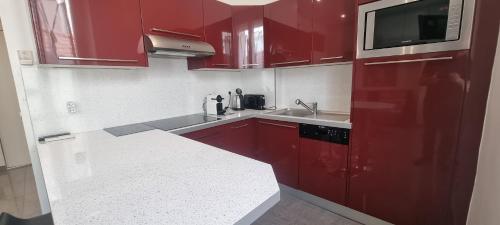 - une cuisine rouge avec évier et four micro-ondes dans l'établissement One Bedroom André, à Cannes