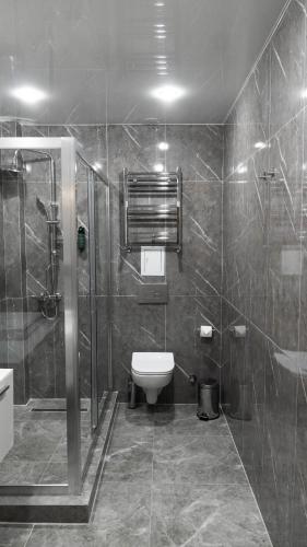a bathroom with a shower and a toilet at Hide Apart Hotel in Aktau
