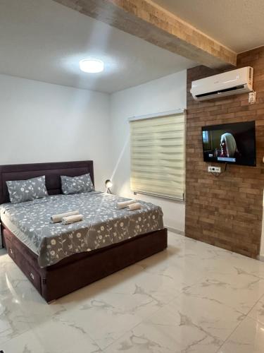 a bedroom with a bed and a flat screen tv at Apartments Ljiljanic in Budva