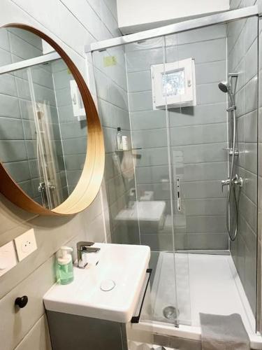 une salle de bain avec un lavabo, une douche et un miroir dans l'établissement #0 Appart proche du métro Robespierre et Paris 20, à Bagnolet