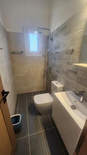 a bathroom with a white toilet and a sink at Klimis apartments in Sifnos