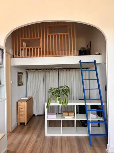 un lit superposé avec une échelle et une plante dans une chambre dans l'établissement Avignon - Appartement calme et climatisé, à Avignon