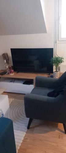 un salon avec un canapé et une télévision à écran plat dans l'établissement Appartement alexis, à Corps-Nuds