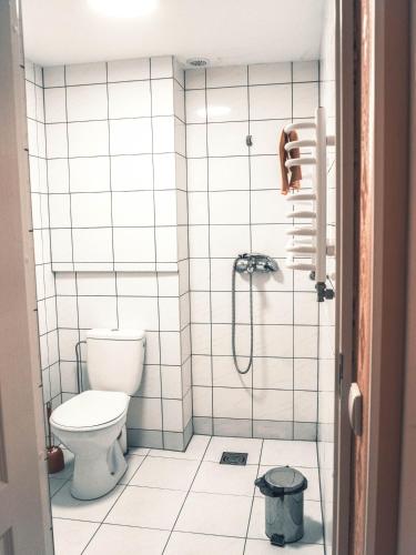 a white tiled bathroom with a toilet and a shower at Tatjanos Dvaras in Vilnius