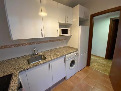 cocina con fregadero, lavadora y secadora en Sego Apartments II, en Segovia