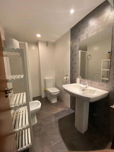 a bathroom with a sink and a toilet and a mirror at Sego Apartments II in Segovia