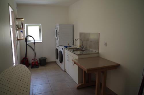 a kitchen with a sink and a washing machine at Domaine Joseph Lafarge Wine Resort - Lady's House - La maison d'Henriette in Lugny