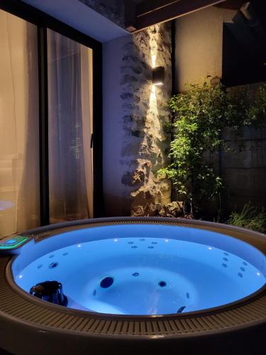 une baignoire jacuzzi dans une pièce avec une plante dans l'établissement Natural Design Lodge Jacuzzi Privatif, à Milly-la-Forêt