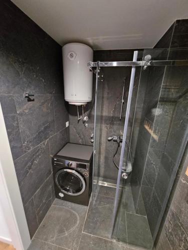 a bathroom with a shower stall and a toilet at Brooklyn 88 Apartment in Niš