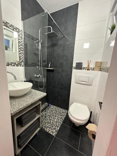 a bathroom with a toilet and a sink and a shower at Apartmani Vernissage in Biograd na Moru