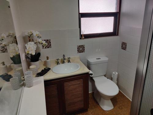 Cakebread Cottage في Encounter Bay: حمام مع مرحاض ومغسلة