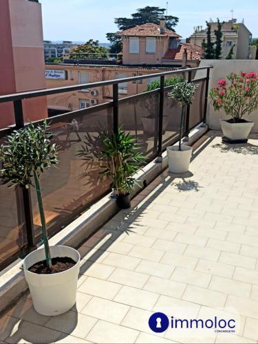 un balcon avec trois plantes en pot sur un toit dans l'établissement Air-conditioned apartment with park and swimming pool à Cagnes, à Cagnes-sur-Mer