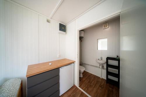 a small bathroom with a sink and a toilet at BoardHouse Spot in Svencelė