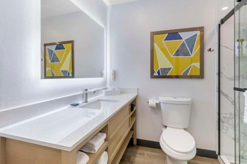 a bathroom with a sink and a toilet and a mirror at Comfort Inn & Suites Irvine Spectrum in Lake Forest