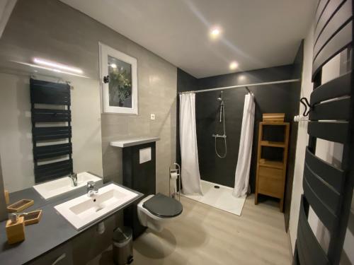 un bagno con lavandino, wc e doccia di Gîte écologique de charme avec grand jardin, proche des Alpes Mancelles, idéal famille et amis - FR-1-410-132 a Moulins-le-Carbonnel