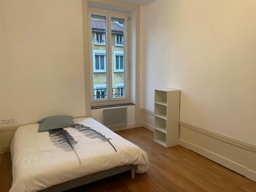 une petite chambre avec un lit et une fenêtre dans l'établissement 6 couchages proche centre ville location tarif spécial longue durée, à Caluire-et-Cuire