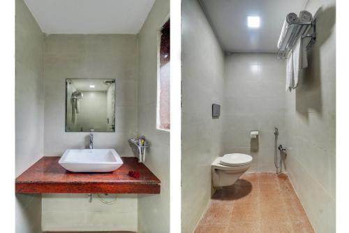 two pictures of a bathroom with a sink and a toilet at New Parimeet Residency in Navi Mumbai